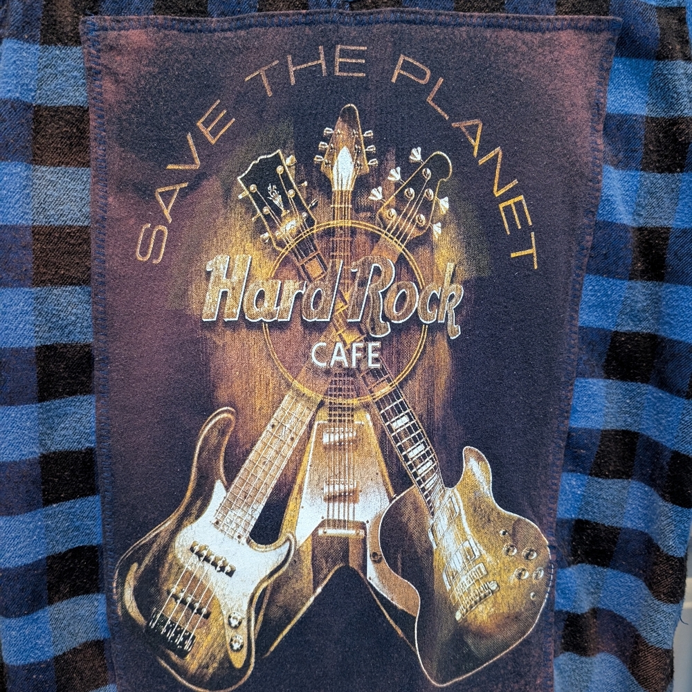 HARD ROCK Save the Planet Plaid Upcycled Flannel Shirt Hand Crafted Distressed